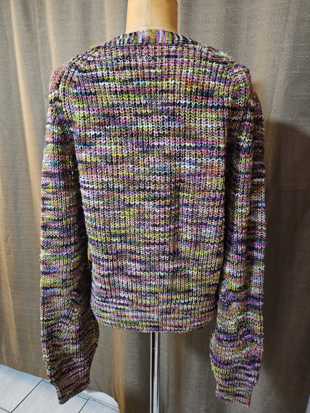 Veronica Beard Multicolor V-Neck Button Cardigan — Purple, Green, Pink, Black - Picture 4 of 5